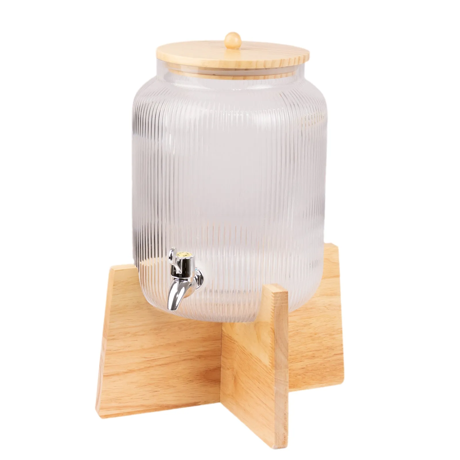 1 Gallon Clear Ribbed Glass Drink Dispenser with Wooden Stand and Lid, Countertop Round Juice Jar Beverage Dispenser with Stainless Steel Spigot - 14"