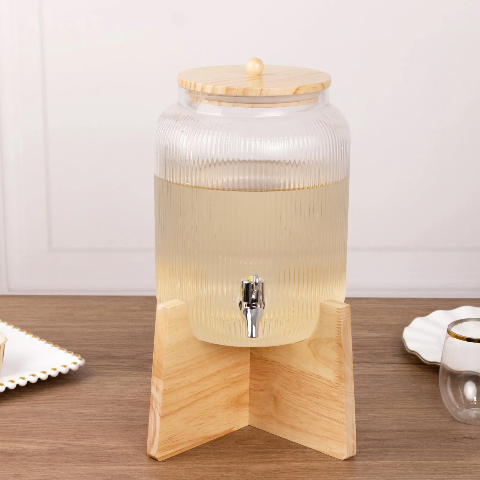 1 Gallon Clear Ribbed Glass Drink Dispenser with Wooden Stand and Lid, Countertop Round Juice Jar Beverage Dispenser with Stainless Steel Spigot - 14"