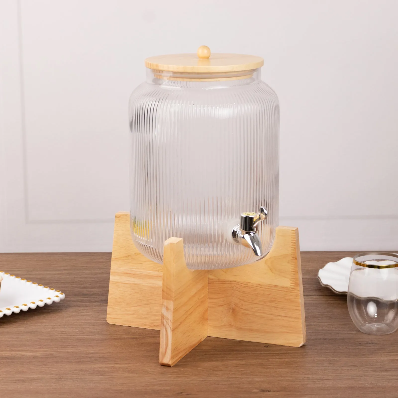 1 Gallon Clear Ribbed Glass Drink Dispenser with Wooden Stand and Lid, Countertop Round Juice Jar Beverage Dispenser with Stainless Steel Spigot - 14"