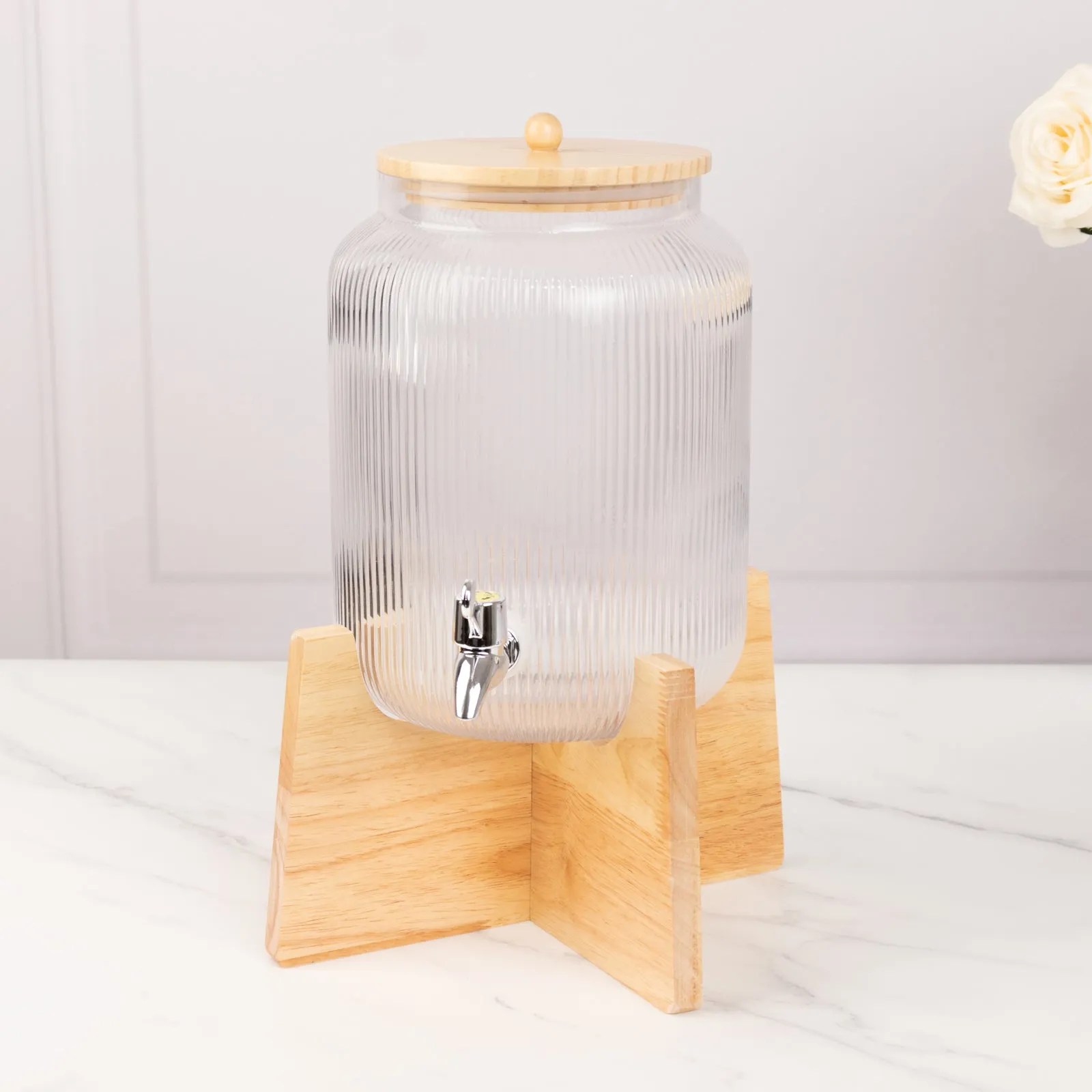 1 Gallon Clear Ribbed Glass Drink Dispenser with Wooden Stand and Lid, Countertop Round Juice Jar Beverage Dispenser with Stainless Steel Spigot - 14"