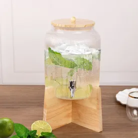 1 Gallon Clear Ribbed Glass Drink Dispenser with Wooden Stand and Lid, Countertop Round Juice Jar Beverage Dispenser with Stainless Steel Spigot - 14"