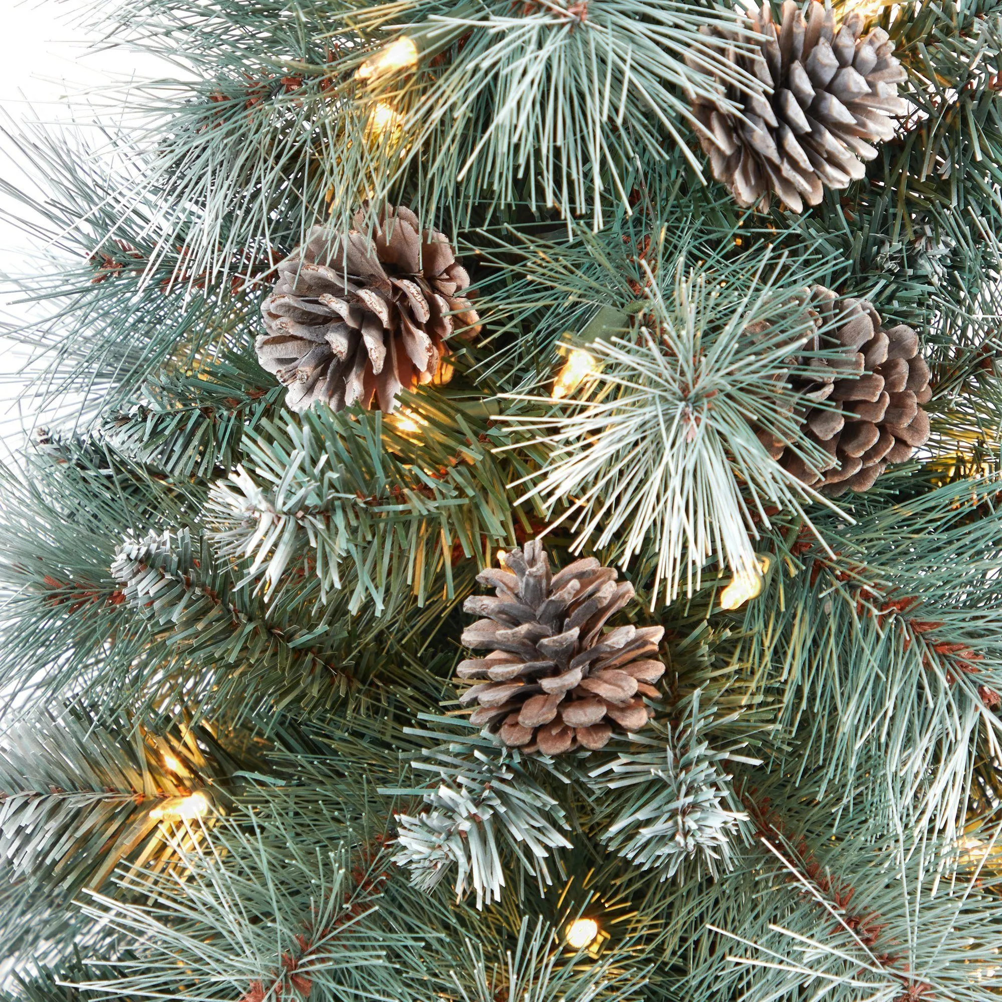 3.5’ Frosted Tip British Columbia Mountain Pine Artificial Christmas Tree with 50 Clear Lights, Pine Cones and 112 Bendable Branches in Metal Planter