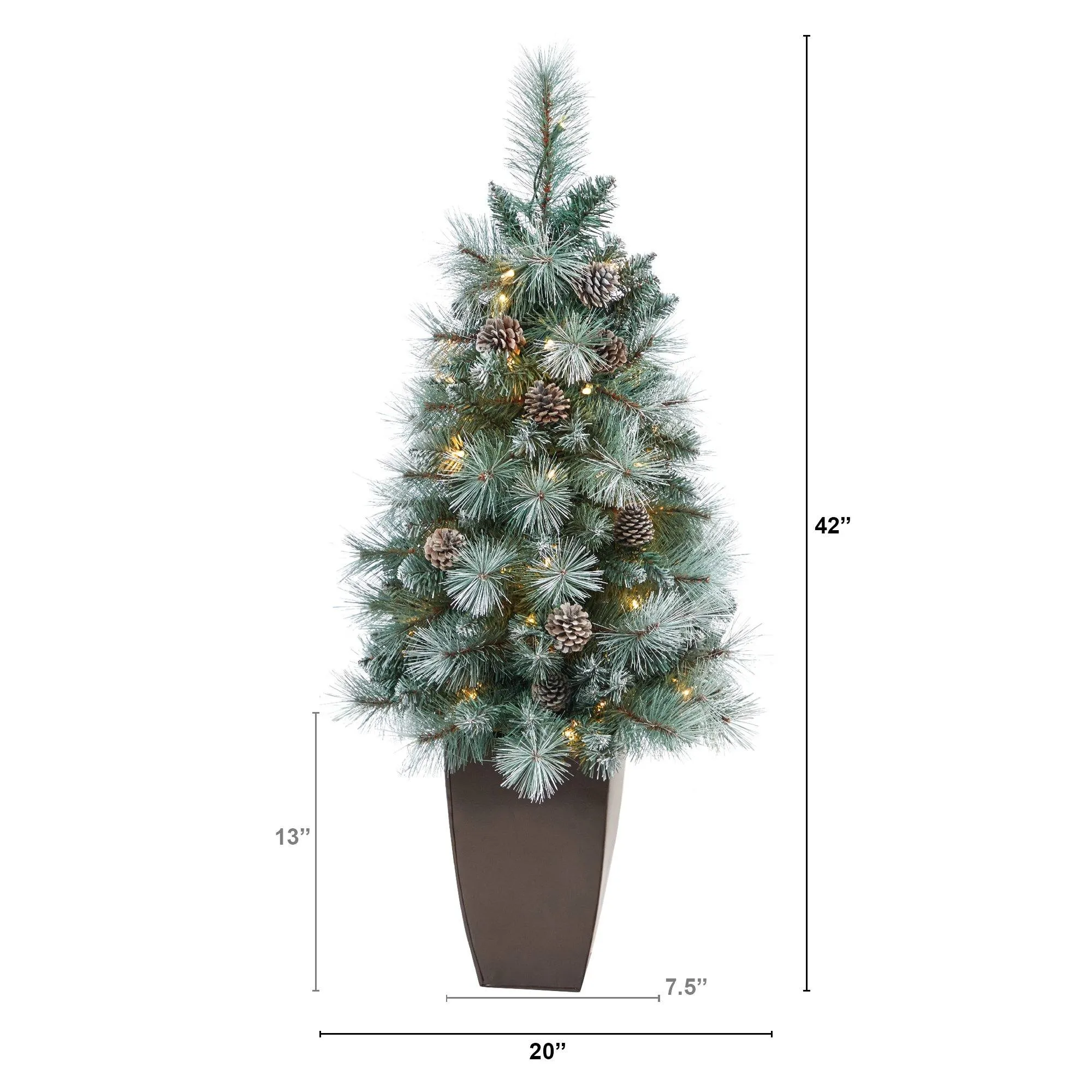 3.5’ Frosted Tip British Columbia Mountain Pine Artificial Christmas Tree with 50 Clear Lights, Pine Cones and 112 Bendable Branches in Metal Planter