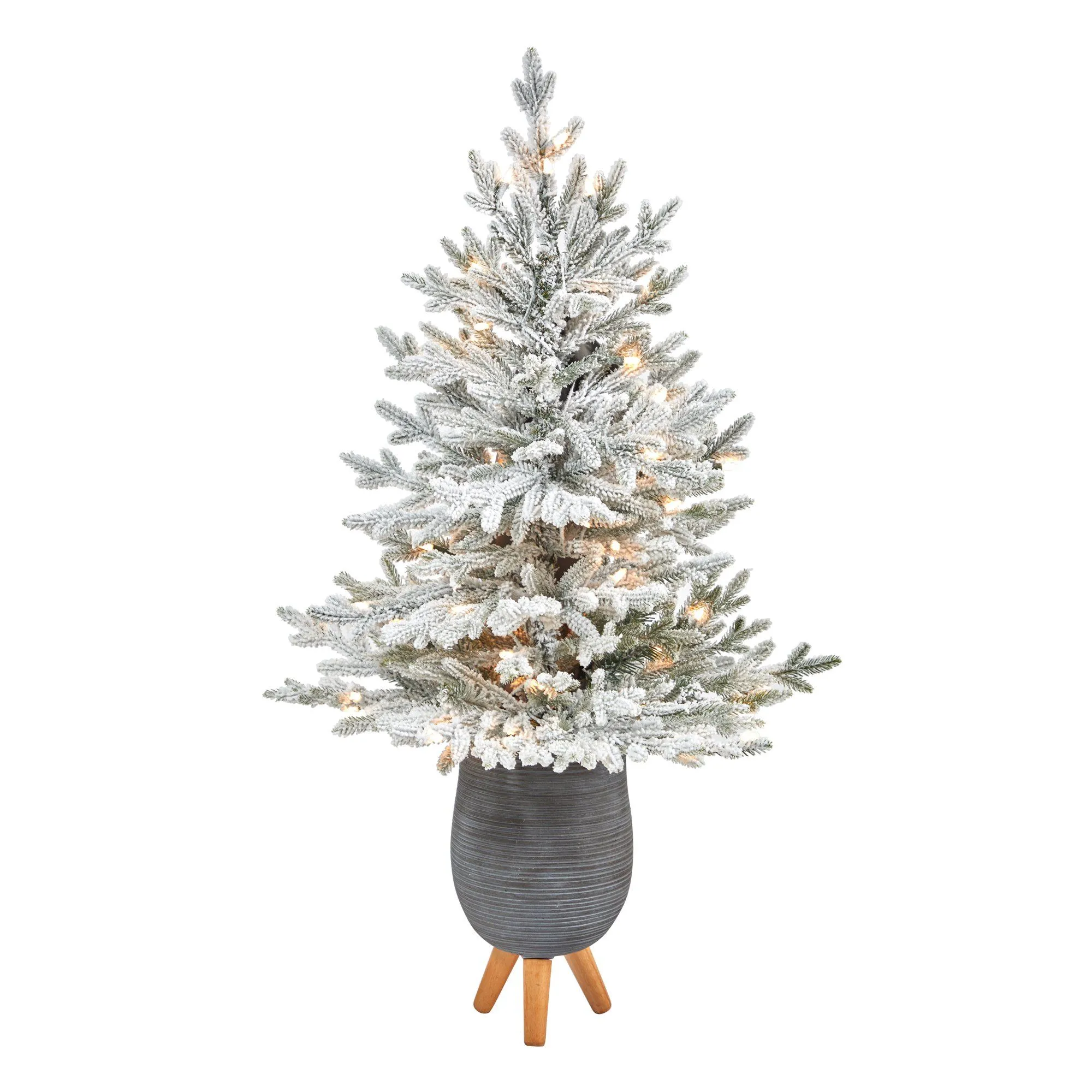 45” Flocked Fraser Fir Artificial Christmas Tree with 200 Warm White Lights and 481 Bendable Branches in Gray Planter with Stand