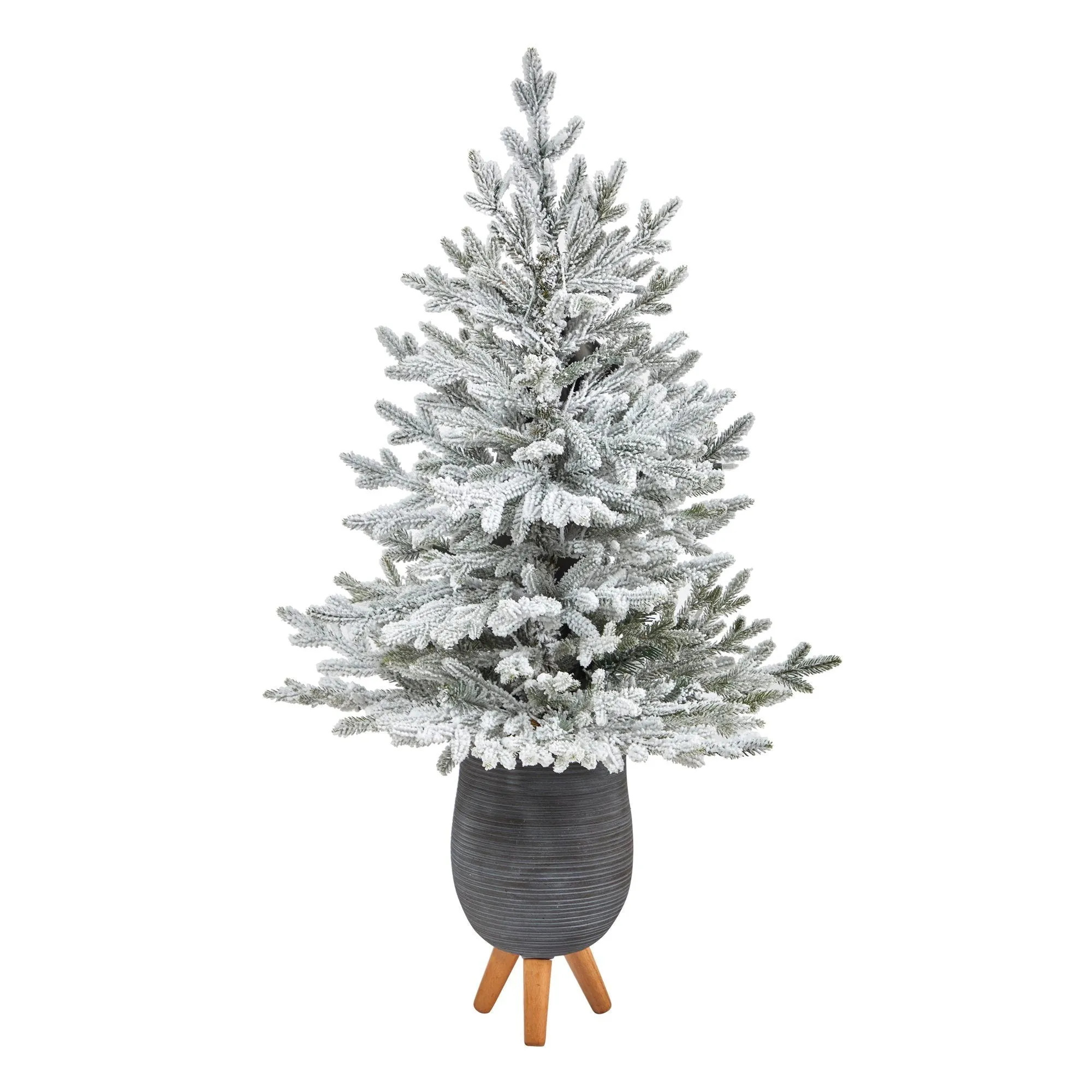 45” Flocked Fraser Fir Artificial Christmas Tree with 200 Warm White Lights and 481 Bendable Branches in Gray Planter with Stand