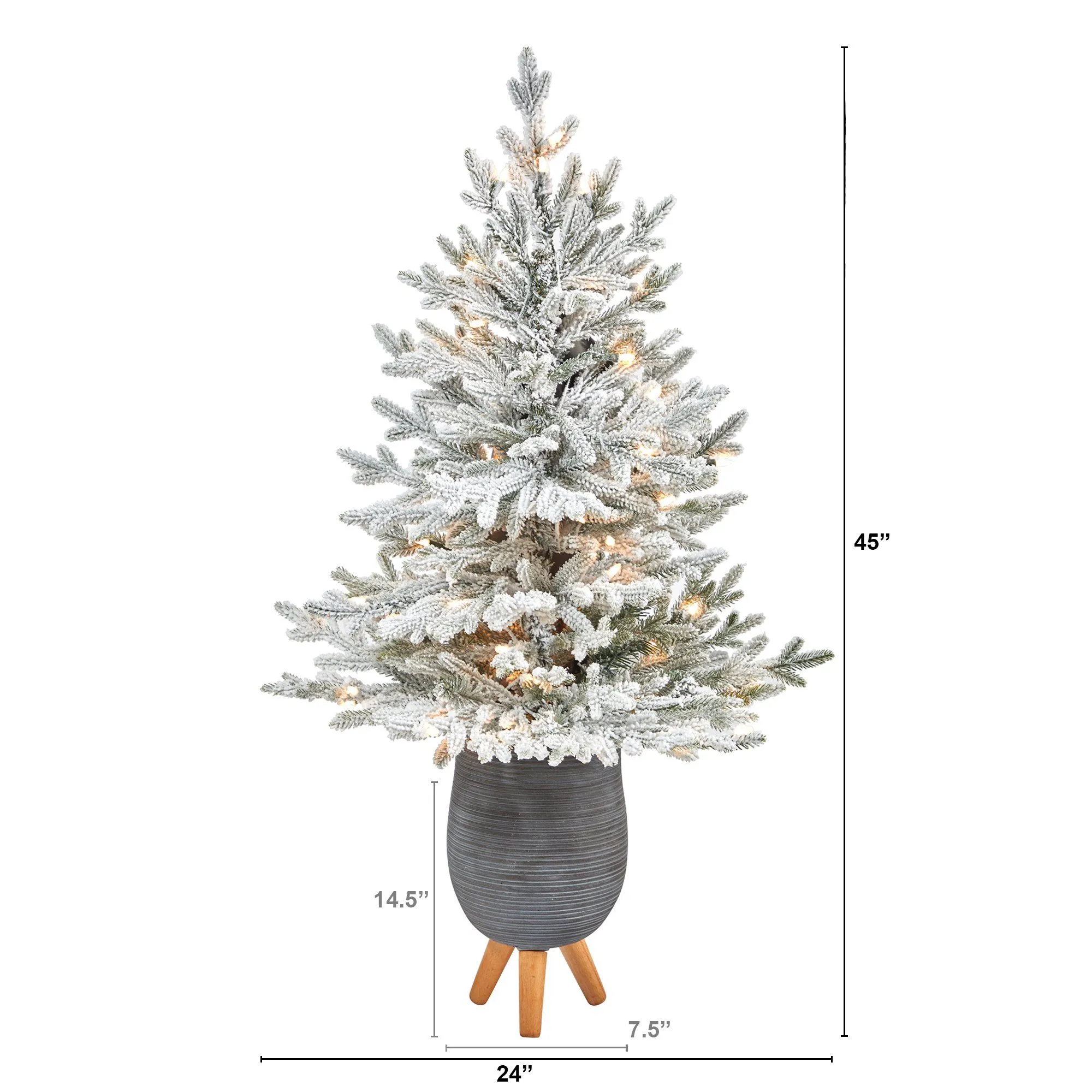 45” Flocked Fraser Fir Artificial Christmas Tree with 200 Warm White Lights and 481 Bendable Branches in Gray Planter with Stand