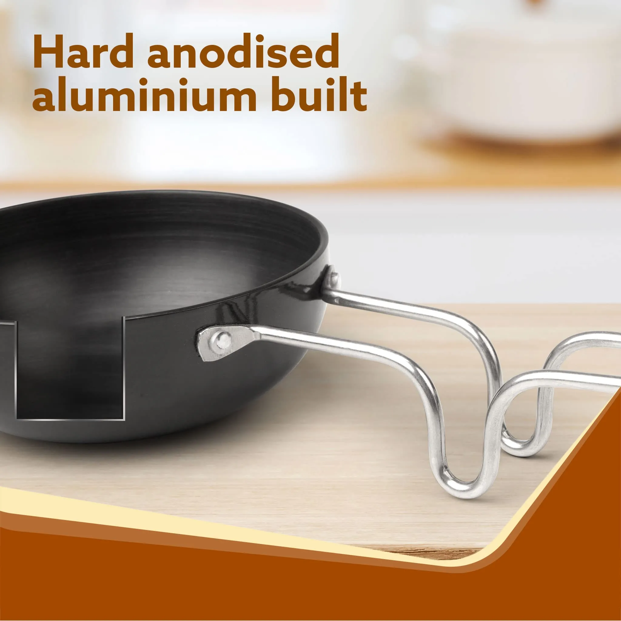 AGARO Elite Hard Anodised Tadka Pan, 11 cm Diameter, Riveted handle, 4 mm Thick Plate, Gas Oven Compatible.