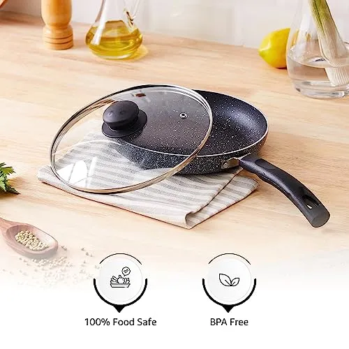 Amazon Brand - Solimo Non-Stick Fry Pan with Glass Lid | Granite Finish | Induction Base | PFOA Free | High Temperature Resistant Exterior Coating | 22 cm | Grey