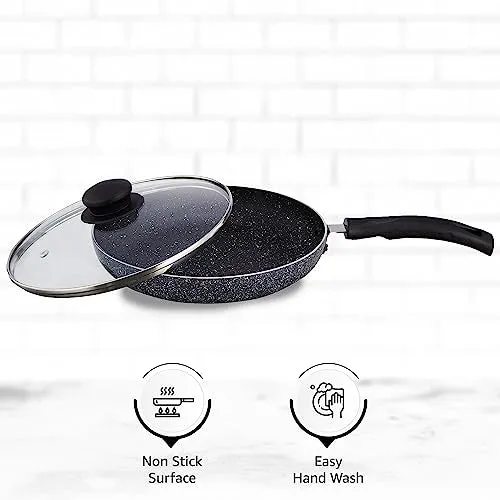 Amazon Brand - Solimo Non-Stick Fry Pan with Glass Lid | Granite Finish | Induction Base | PFOA Free | High Temperature Resistant Exterior Coating | 22 cm | Grey