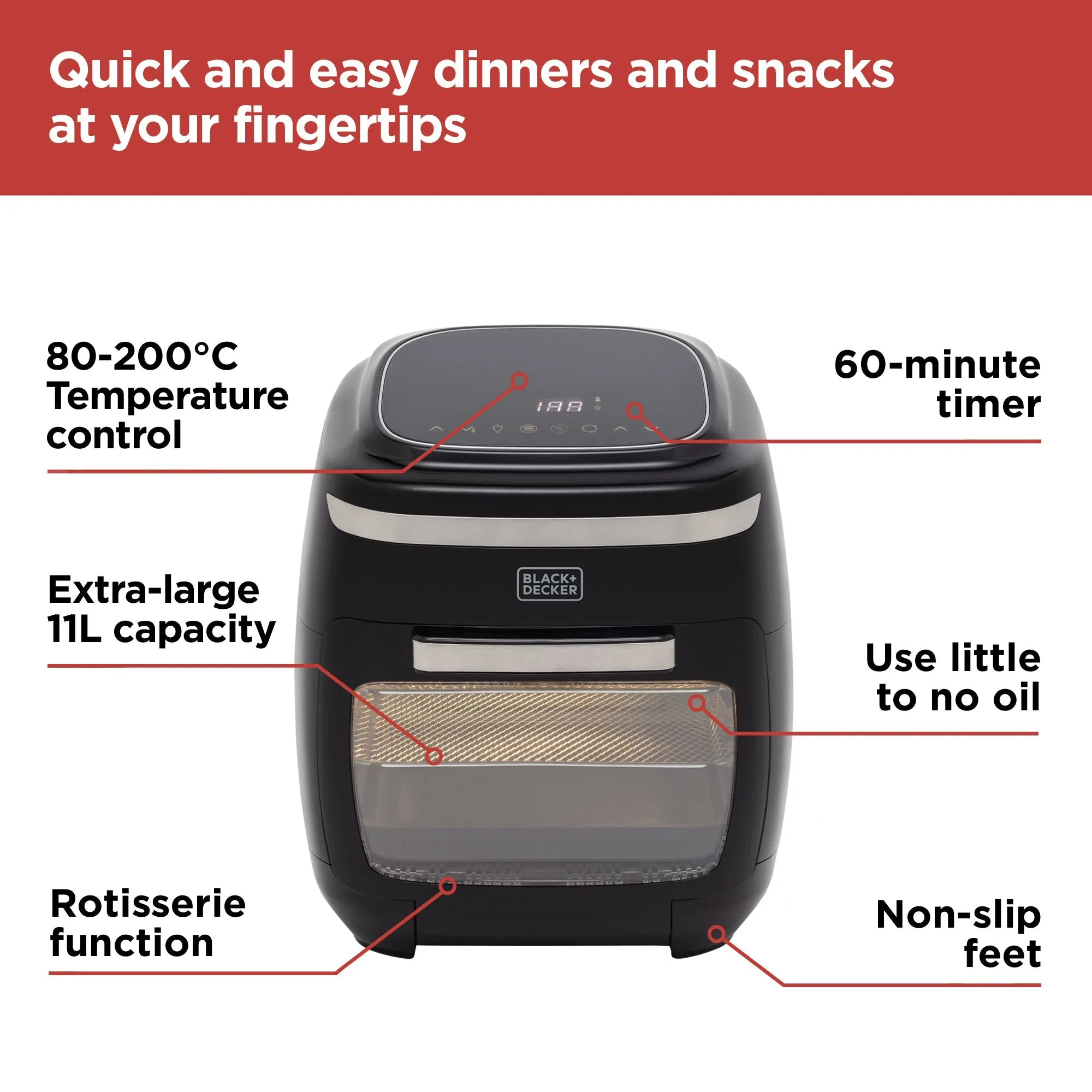 Black Decker 11L Digital Air Fryer Oven - BXAF17088GB