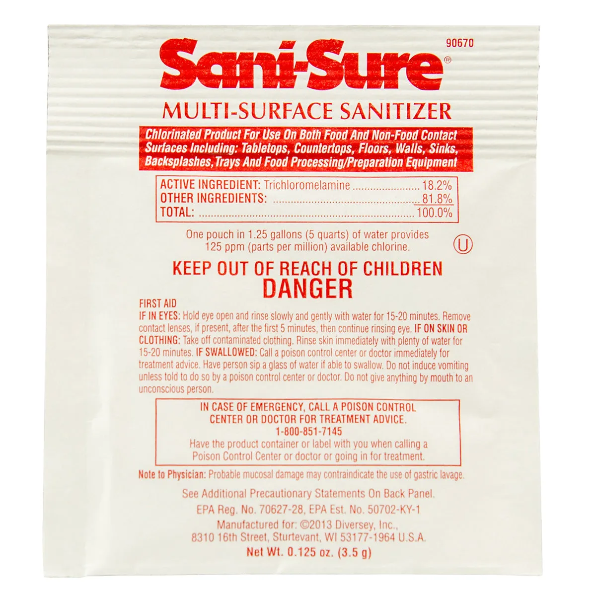 Diversey™ Sani-Sure® Multi-Surface Food Grade Sanitizer (0.125 oz Packets) - Case of 100