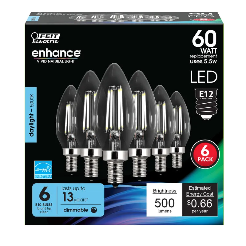 Feit LED Filament B10 E12 (Candelabra) LED Bulb Daylight 60 Watt Equivalence 6 pk