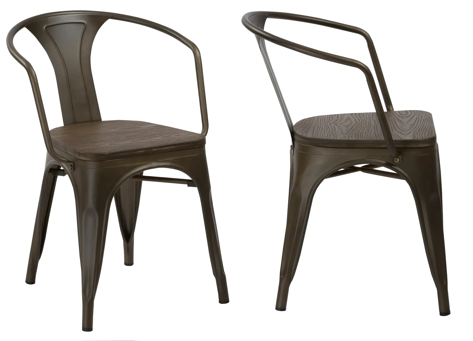 Industrial Rustic Metal Distressed Dining Bistro Cafe Arm Chair Wood, Set of 2