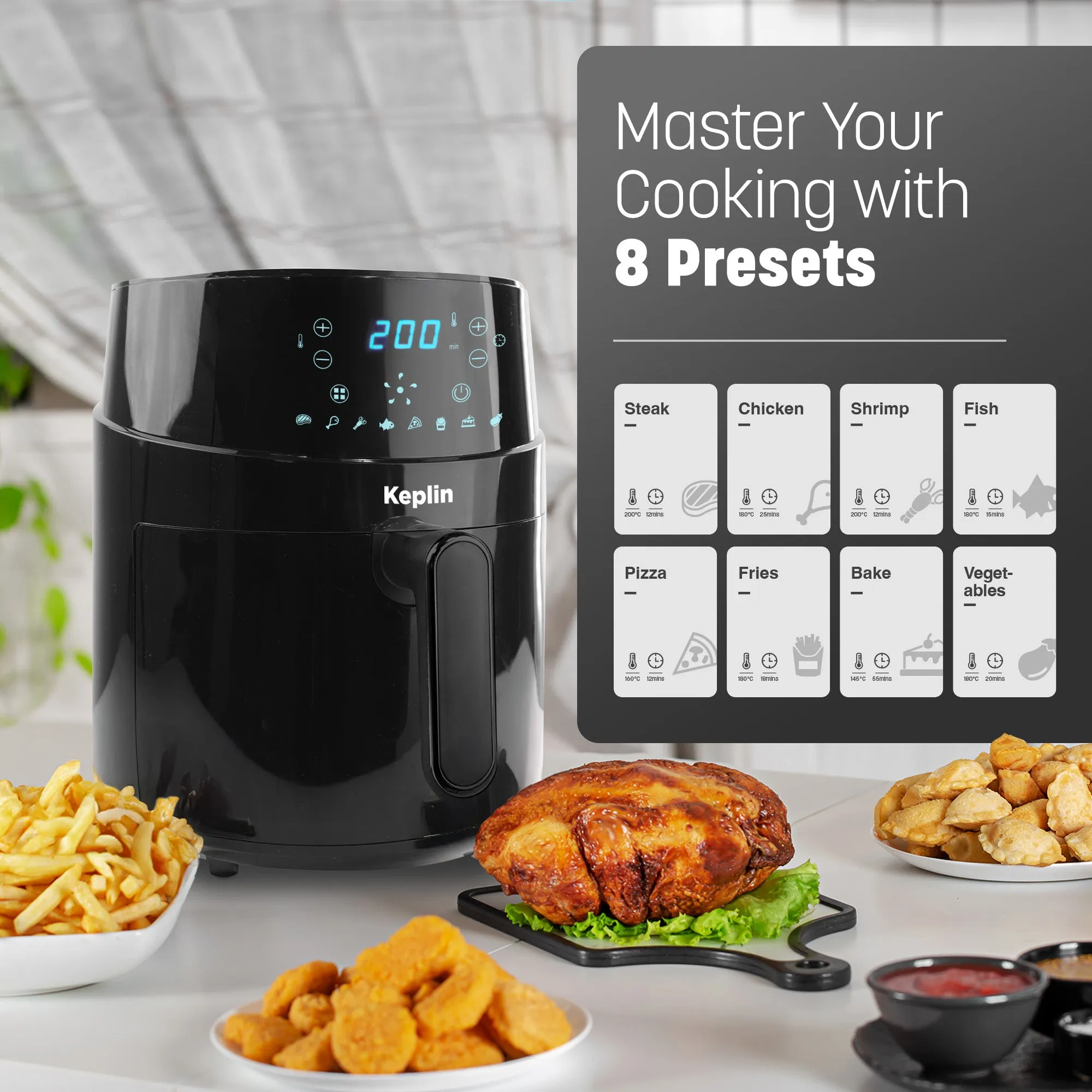 Keplin 4.3L Dual Zone Air Fryer - 2850W Energy-Saving Cooker with 8 Cooking Functions - Extra-Large Capacity for Healthy Meals - Roast, Bake, Dehydrate, Crisp - Family Size