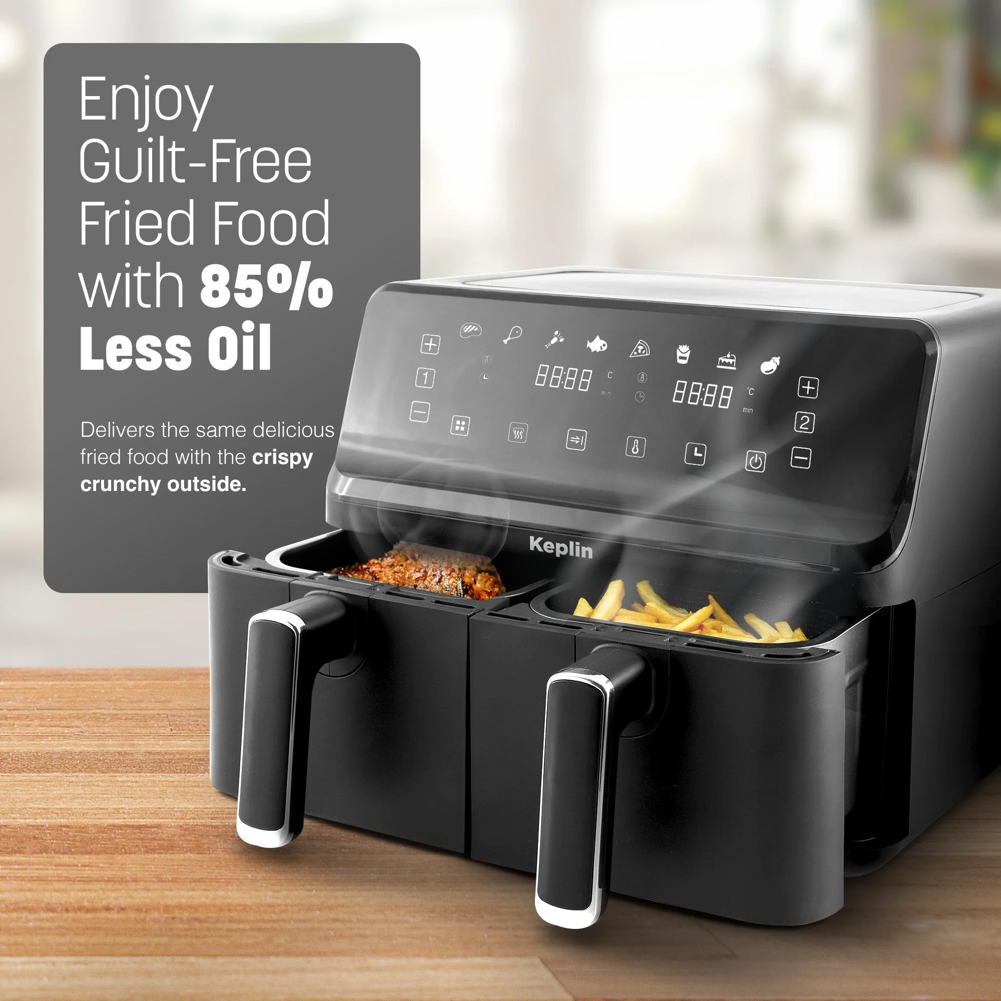 Keplin 9L Dual Zone Air Fryer - 2700W Energy-Saving Cooker with 6 Cooking Functions - Extra-Large Capacity for Healthy Meals - Roast, Bake, Dehydrate, Crisp - Family Size (9L)