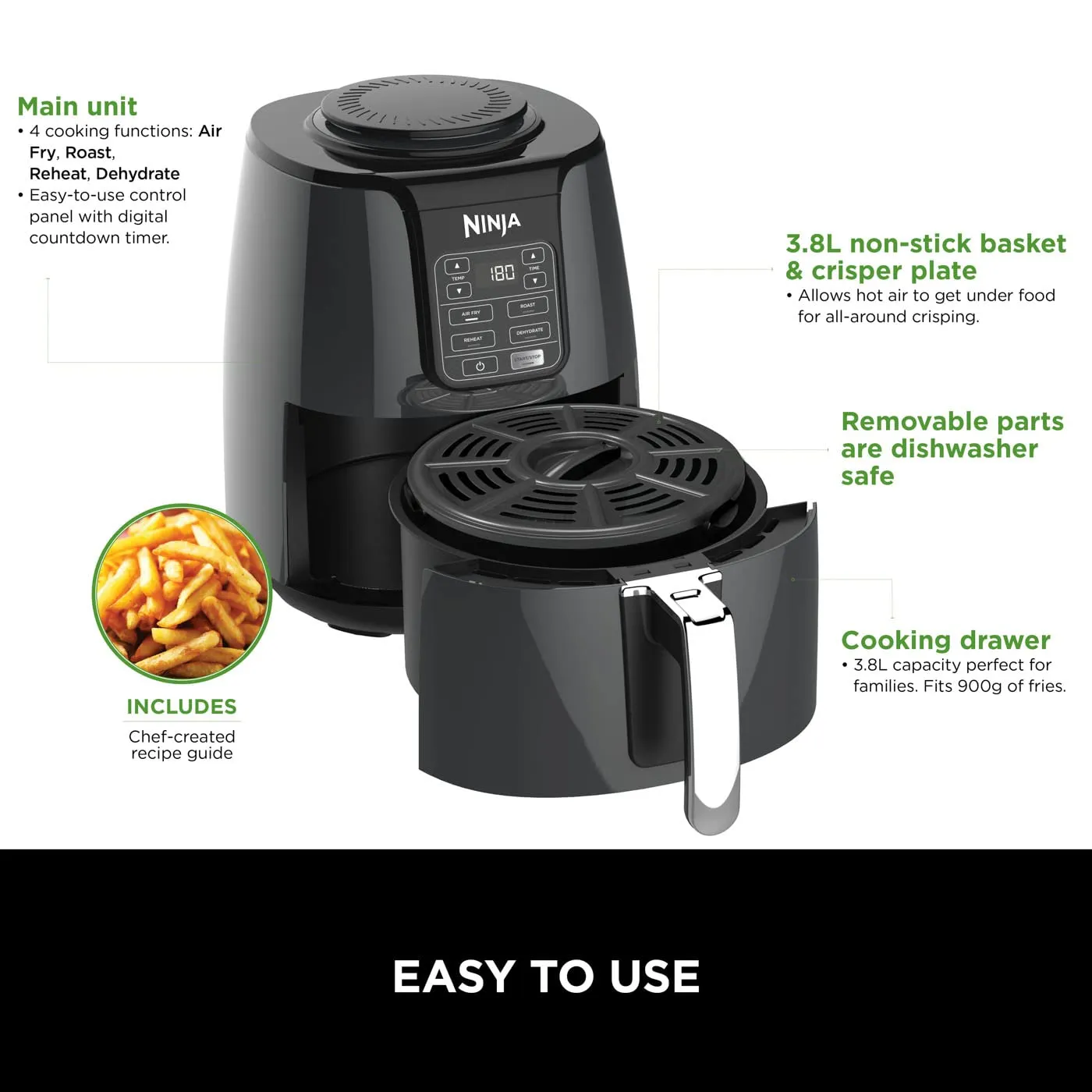 Ninja Air Fryer, 3.8 L, ‎1550 W, 4-in-1, Uses No Oil (New)