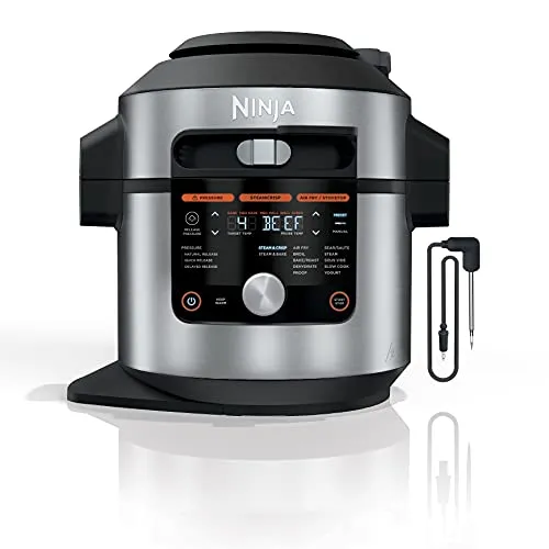 Ninja OL701 Foodi 14-in-1 SMART XL 8 Qt. Pressure Cooker Steam Fryer with SmartLid & Thermometer   Auto-Steam Release, that Air Fries, Proofs & More, 3-Layer Capacity, 5 Qt. Crisp Basket, Silver/Black