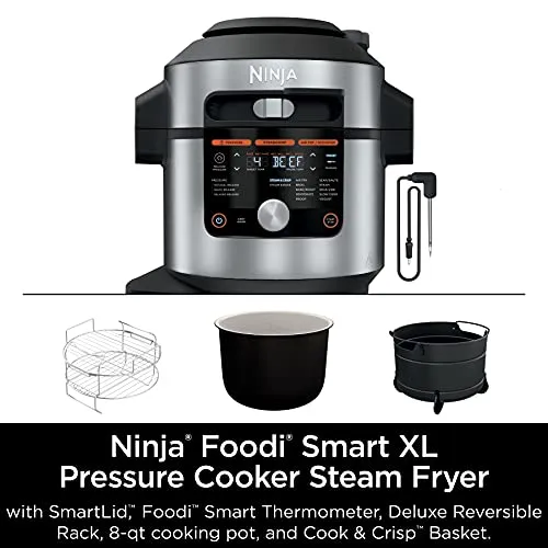 Ninja OL701 Foodi 14-in-1 SMART XL 8 Qt. Pressure Cooker Steam Fryer with SmartLid & Thermometer   Auto-Steam Release, that Air Fries, Proofs & More, 3-Layer Capacity, 5 Qt. Crisp Basket, Silver/Black