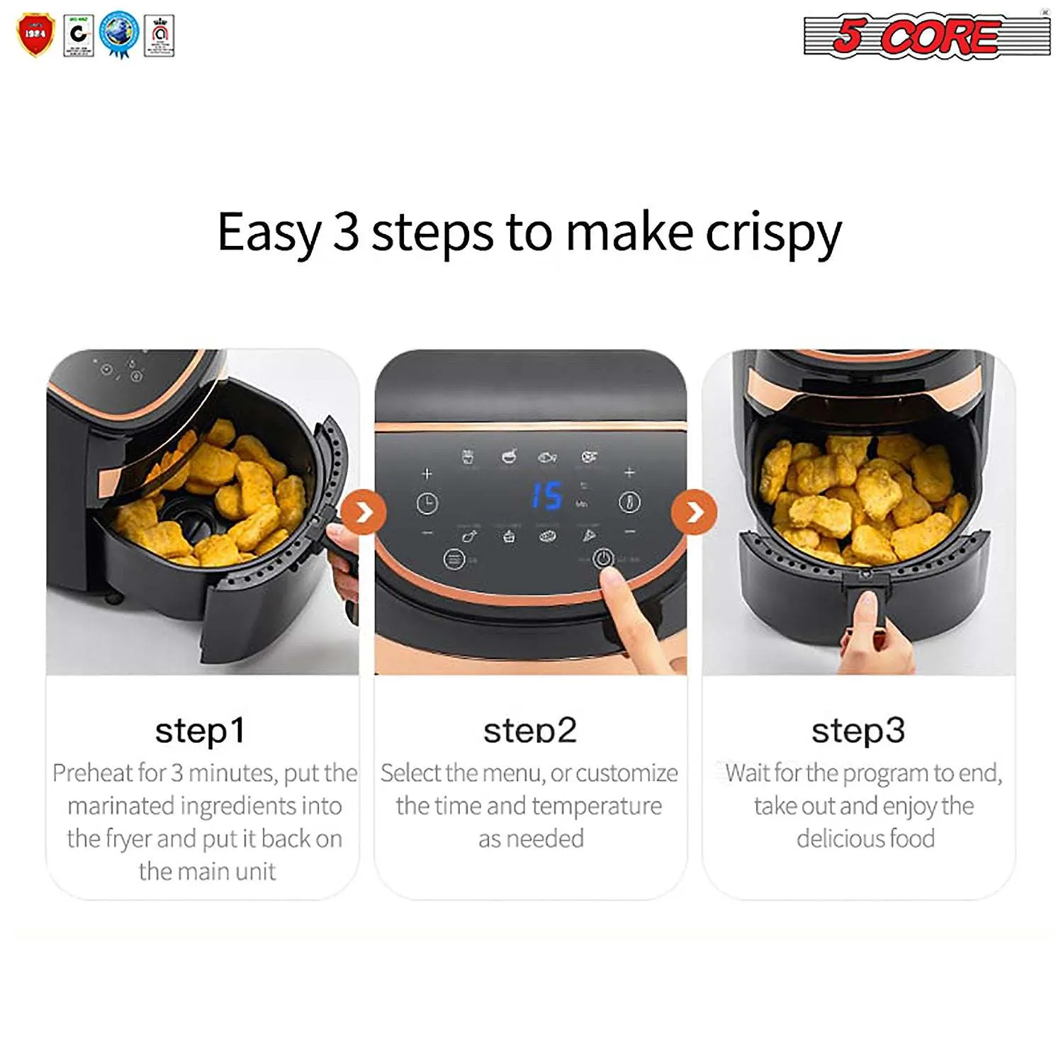 Products Hot Air Fryer Oven 3.2 QT Pot Quarts Electric Oil-Less 1400W Touch Screen Airfryer, 5 Core AF 320