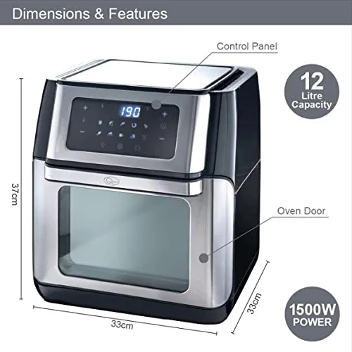 Quest 12L Digital Air Fryer Oven/Large Family Size / 5 in 1/6 Accessories & 10 Pre-Set Modes / 1500W / Rotisserie and Dehydrator/Digital Display and Timer/Adjustable Temp/Healthy Cooking