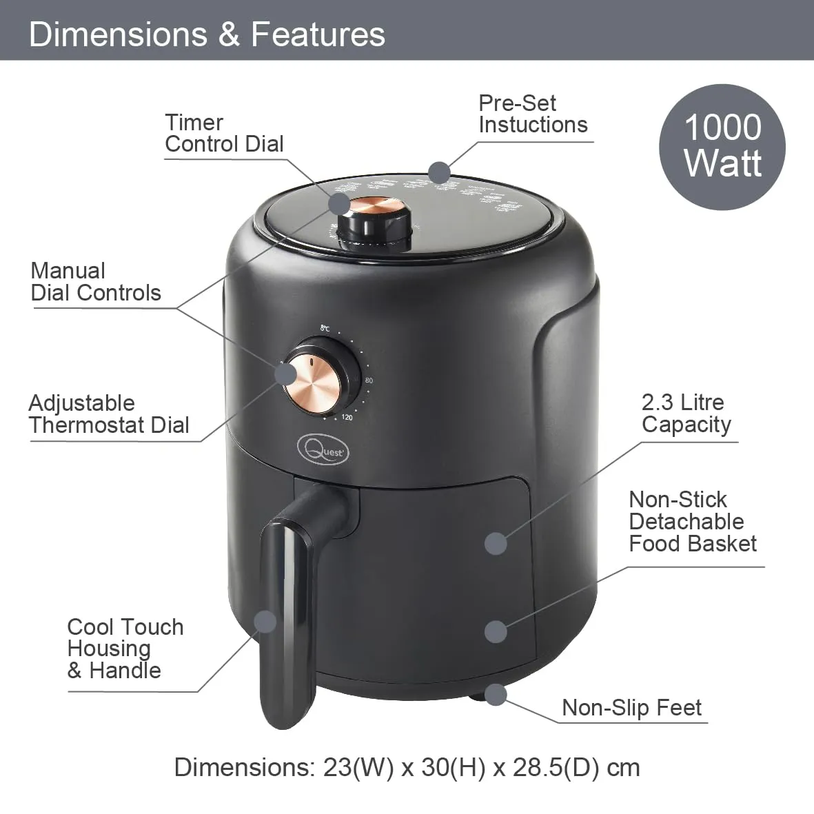 Quest 33870 2.3L Small Air Fryer/Manual Dial Controls/Non-Stick Detachable Food Basket / 60 Minute Timer/Cool Touch/Auto-Shut Off & Overheat Protection / 1000W