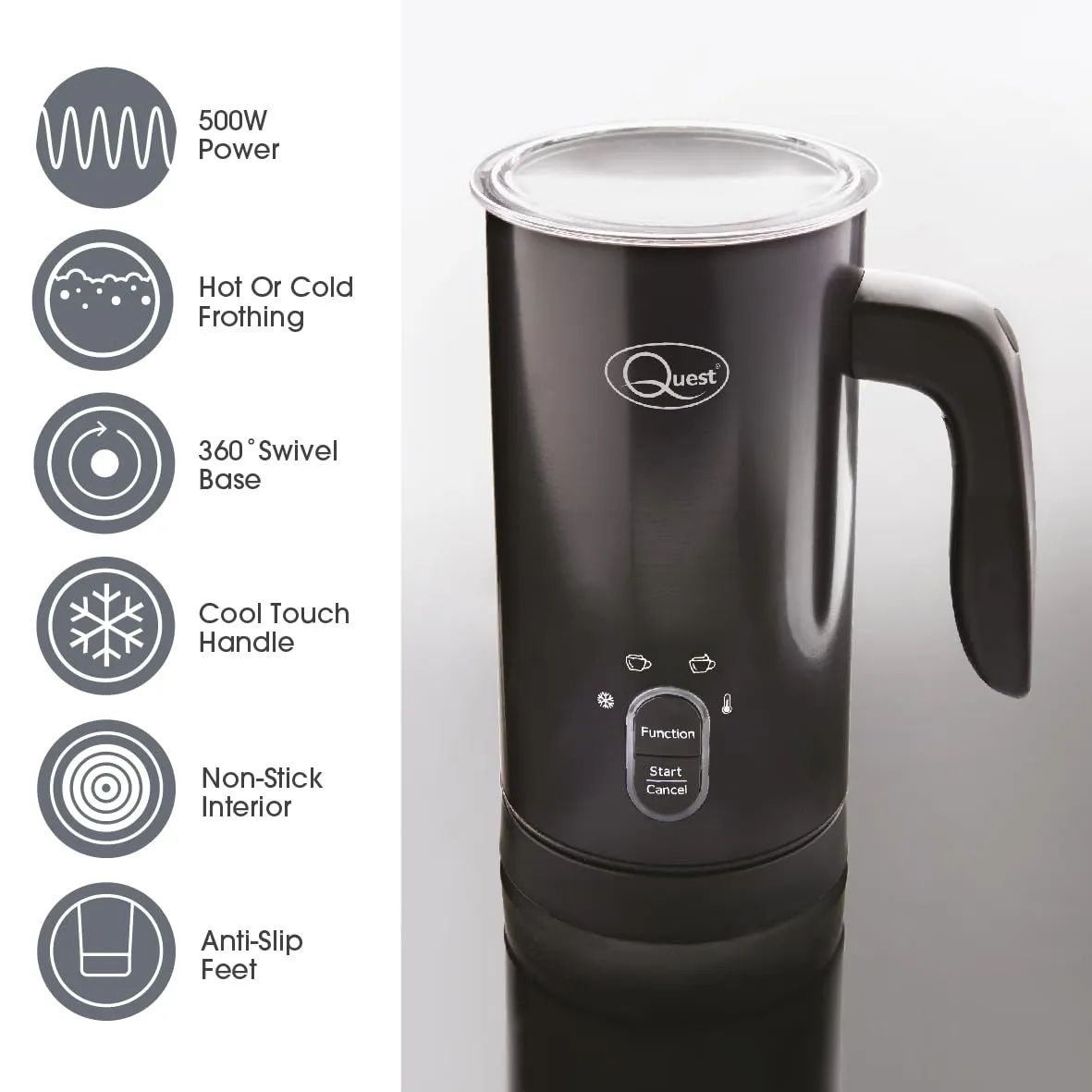 Quest 34189 Electric Milk Frother/Hot & Cold Coffee Frother/Double Walled Insulation/Non-Stick Easy Clean Interior / 300ml Capacity/Black Colour