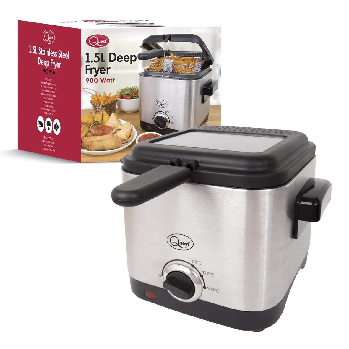 Quest 34250 1.5 Litre Stainless Steel Deep Fat Fryer / 130-190°C Adjustable Temperature/Lid Cover & Viewing Window/Easy Clean with Removable Basket / 900W / Ideal For Fried Chicken, Chips & More