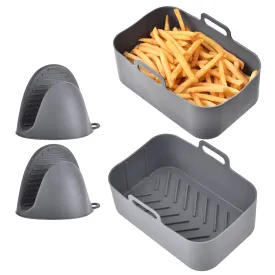 Reusable Air Fryer Silicone Pot for 6-8 Quart Oven, Rectangle Shape, Includes 2 Basket Pans, Parchment Liner Replacement & 1 Pair of Mittens