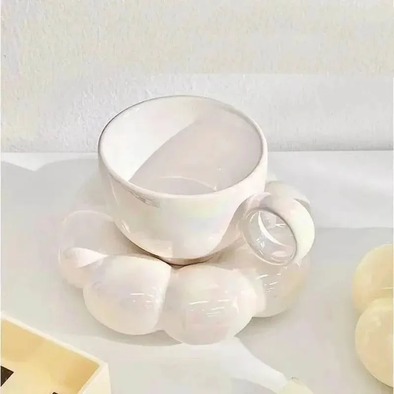 Simple Ceramic Sunflower Coffee Mug Macaroon Series Coffee Cups and Saucers Pink Pearl White Creative Cute Cup