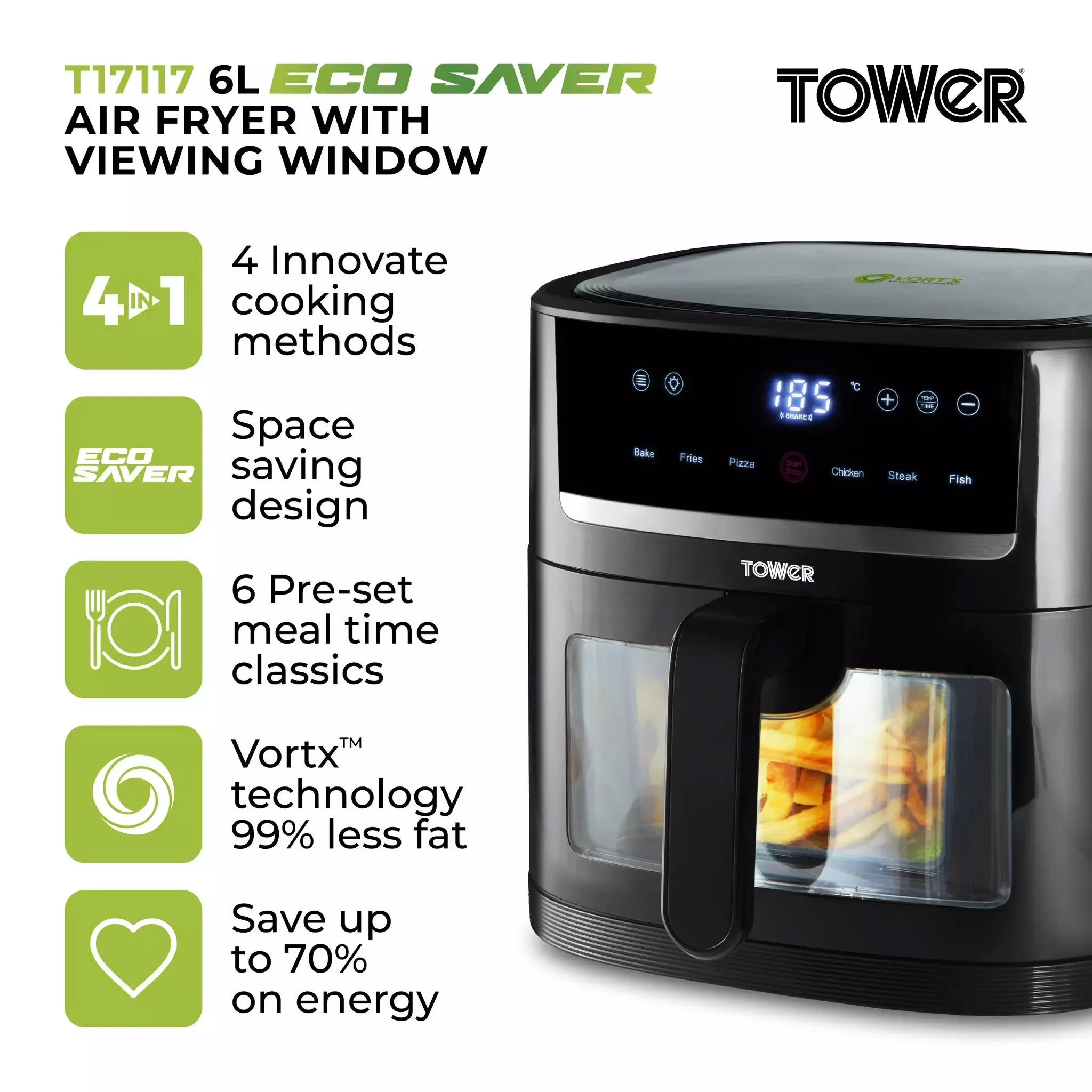 Tower Vortx 6 Litre Digital Space Saver Window Air Fryer Black