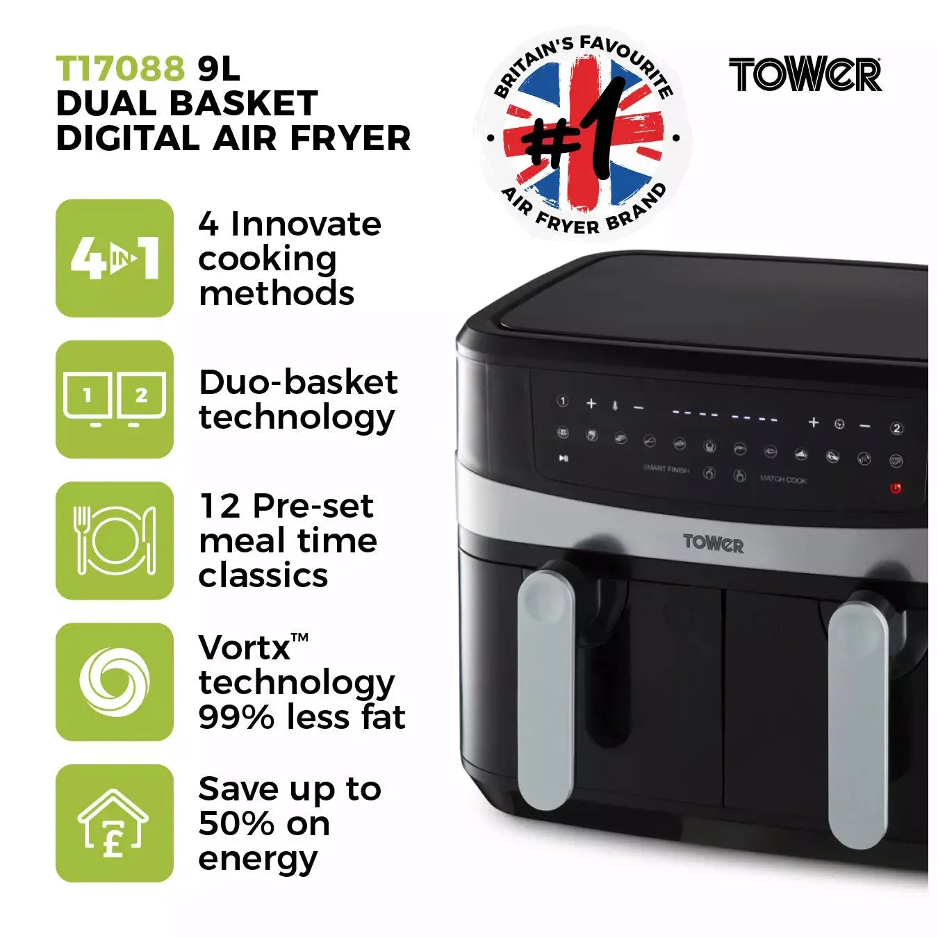 Tower Vortx 9 Litre Dual Basket Air Fryer - T17088