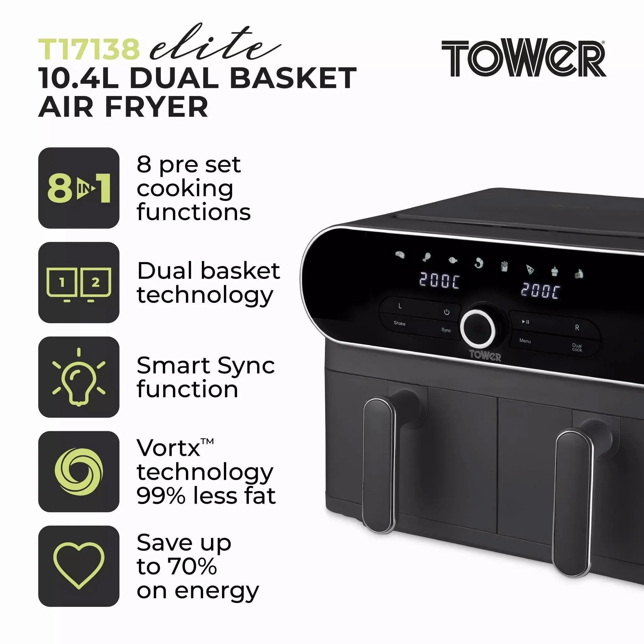 Tower Vortx Elite 10.4L Duo Basket Digital Air Fryer