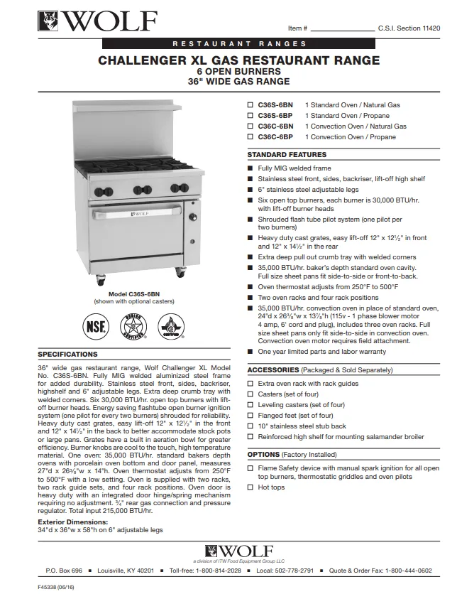 Wolf Range 6 Burner w/Convection Oven C36C-6B