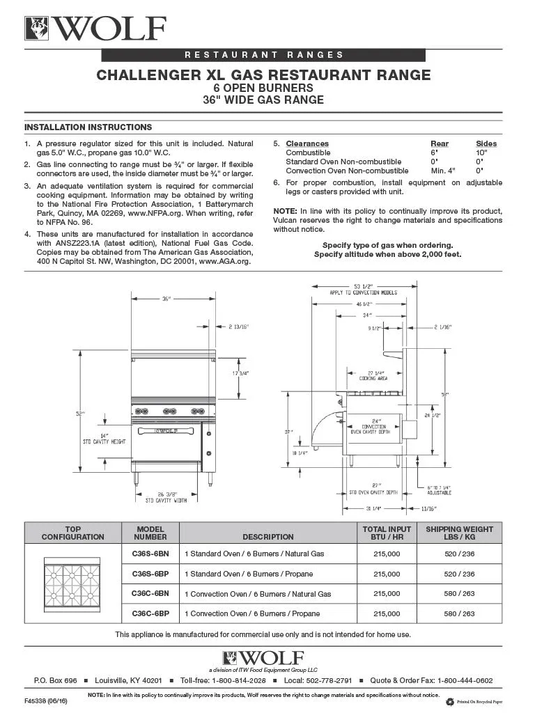 Wolf Range 6 Burner w/Standard Oven C36S6BN