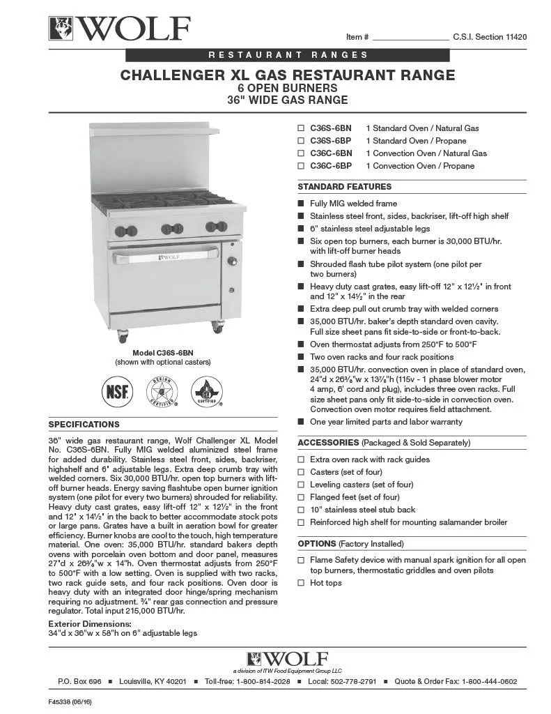 Wolf Range 6 Burner w/Standard Oven C36S6BN